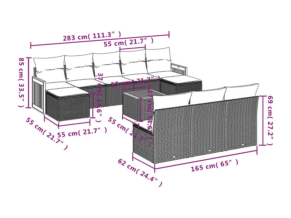 Salon de jardin 11 pcs avec coussins beige résine tressée