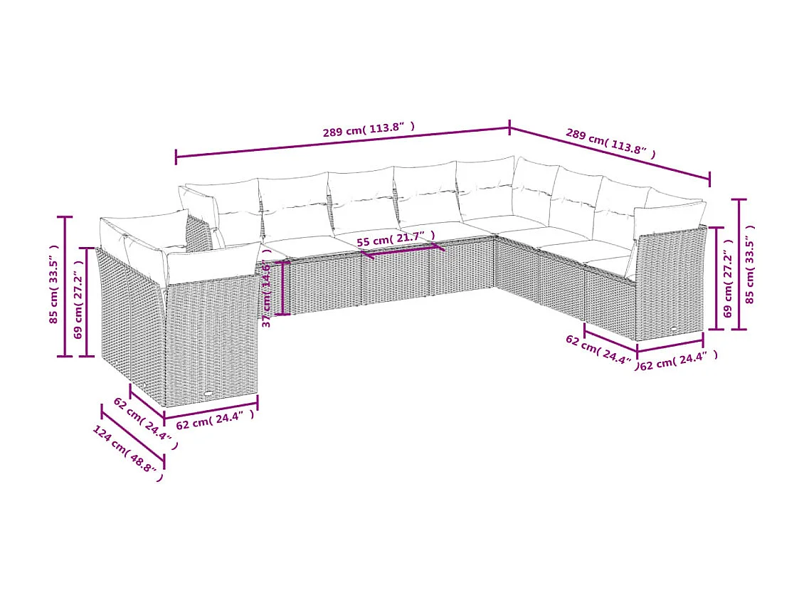 Salon de jardin avec coussins 10 pcs gris résine tressée