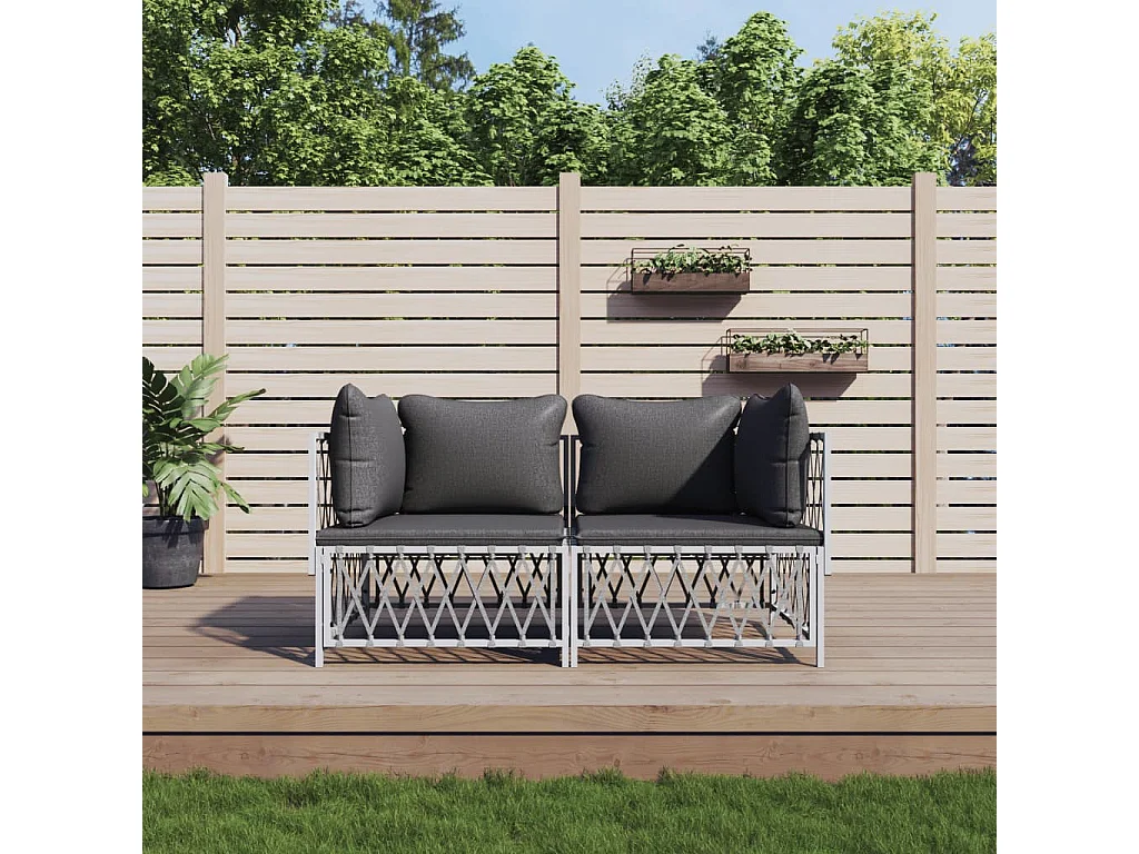 Salon de jardin avec coussins 2 pcs blanc acier
