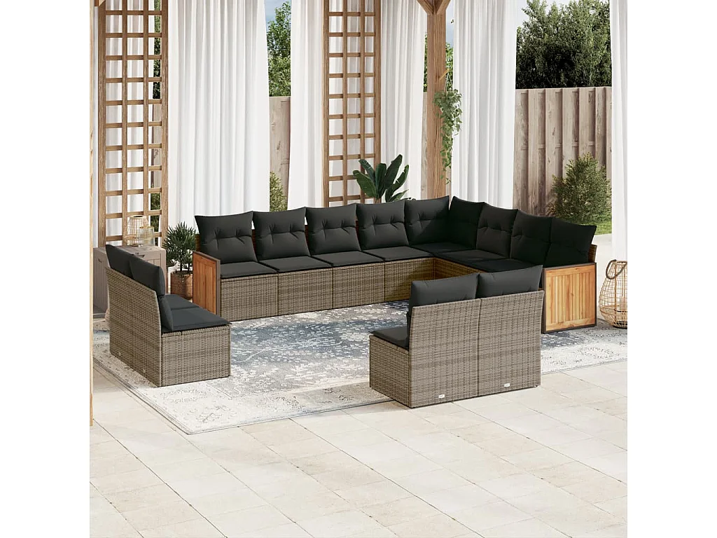 Salon de jardin avec coussins 12 pcs gris résine tressée