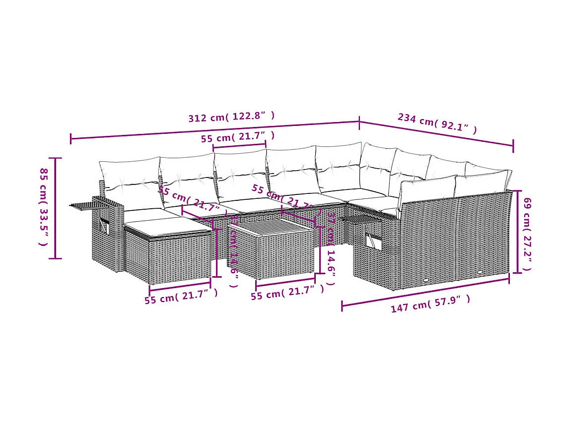 Salon de jardin 11 pcs avec coussins beige résine tressée