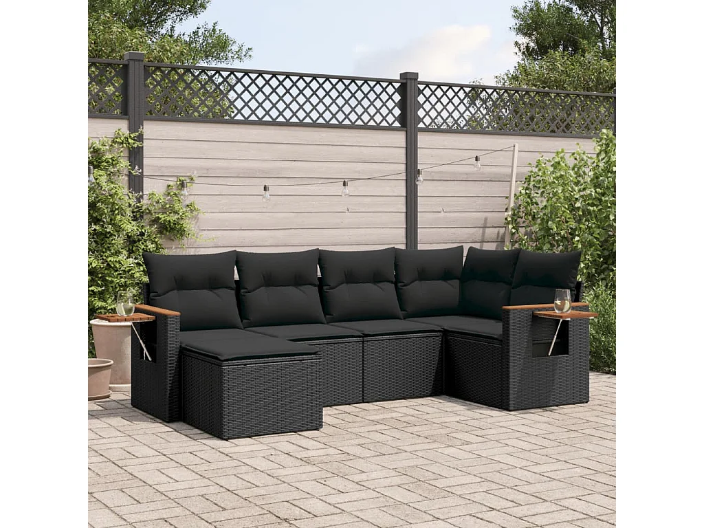 Salon de jardin 6 pcs avec coussins noir résine tressée