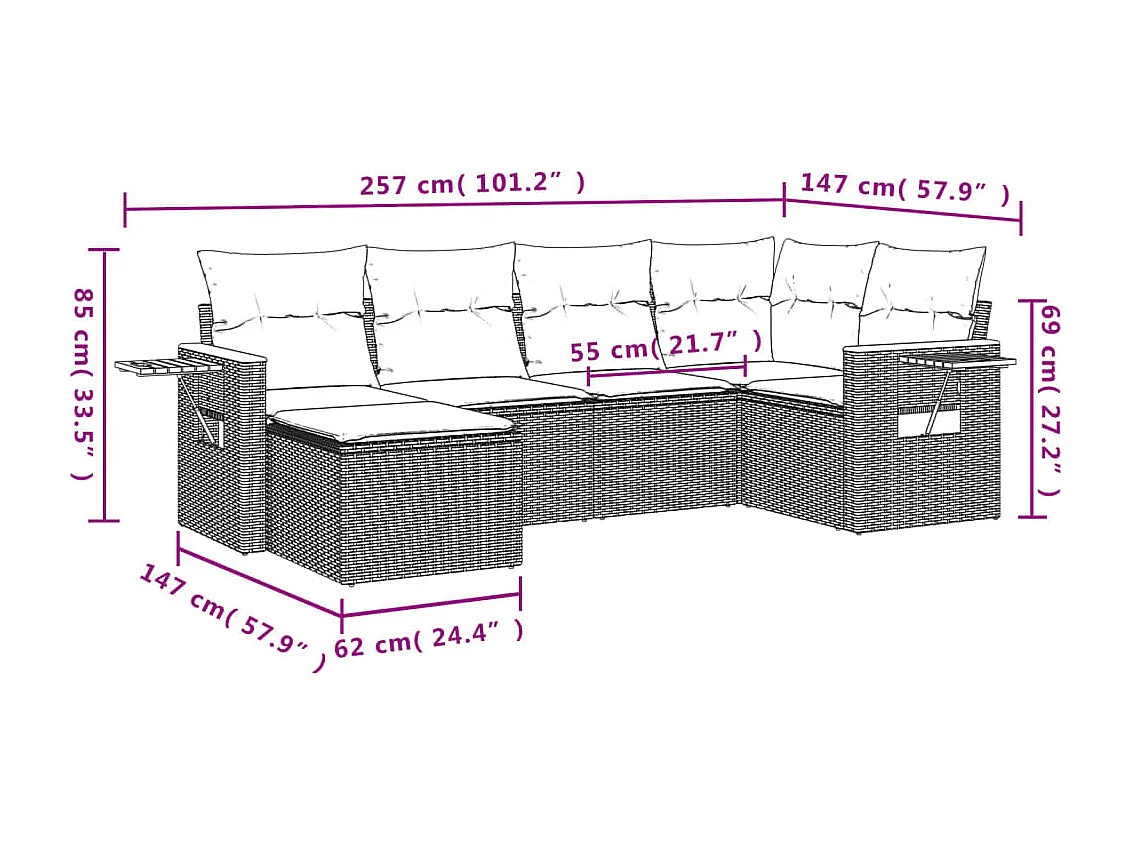 Salon de jardin 6 pcs avec coussins noir résine tressée