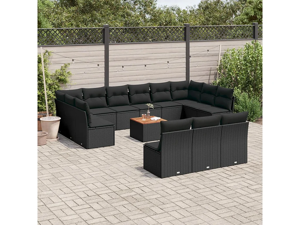 Salon de jardin avec coussins 14 pcs noir résine tressée