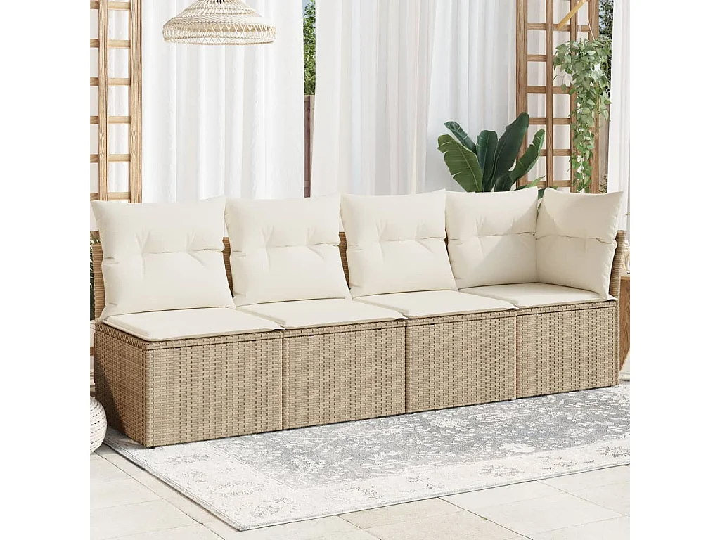 Canapé de jardin avec coussins 4 places beige résine tressée