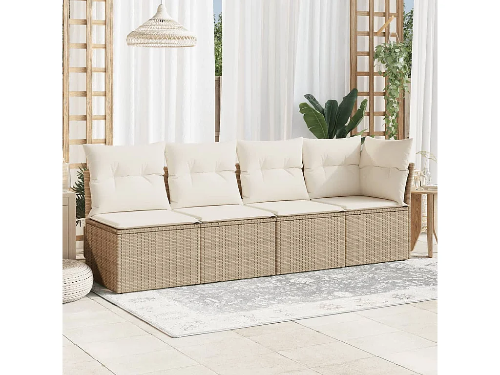 Canapé de jardin avec coussins 4 places beige résine tressée