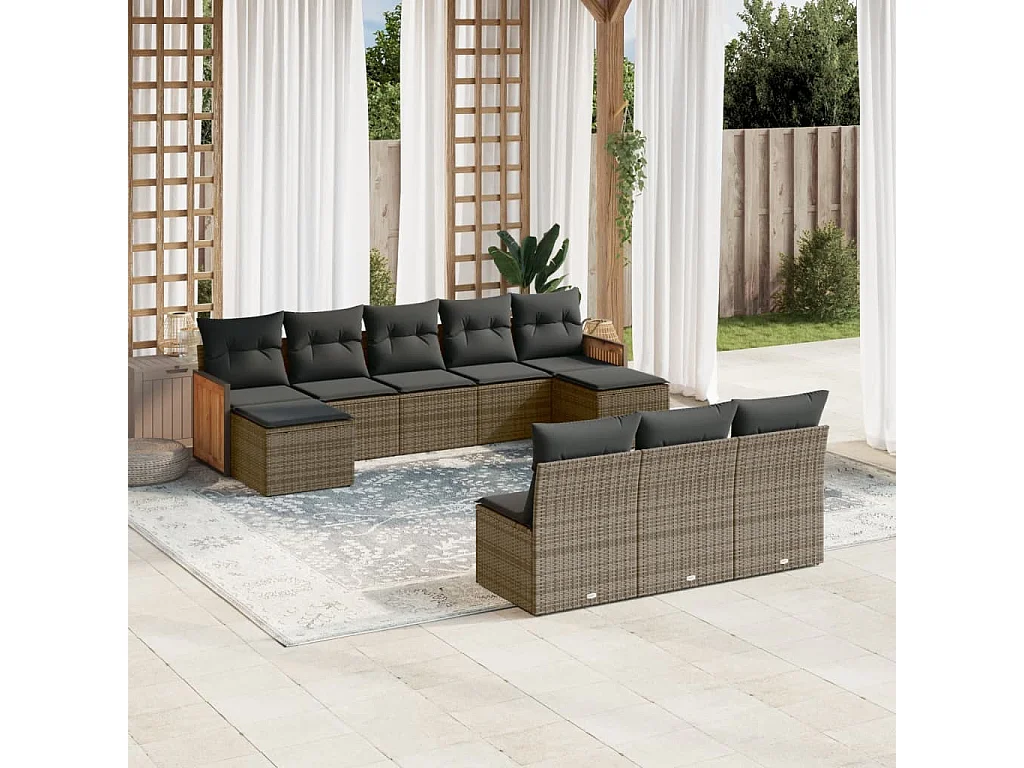 Salon de jardin avec coussins 10 pcs gris résine tressée