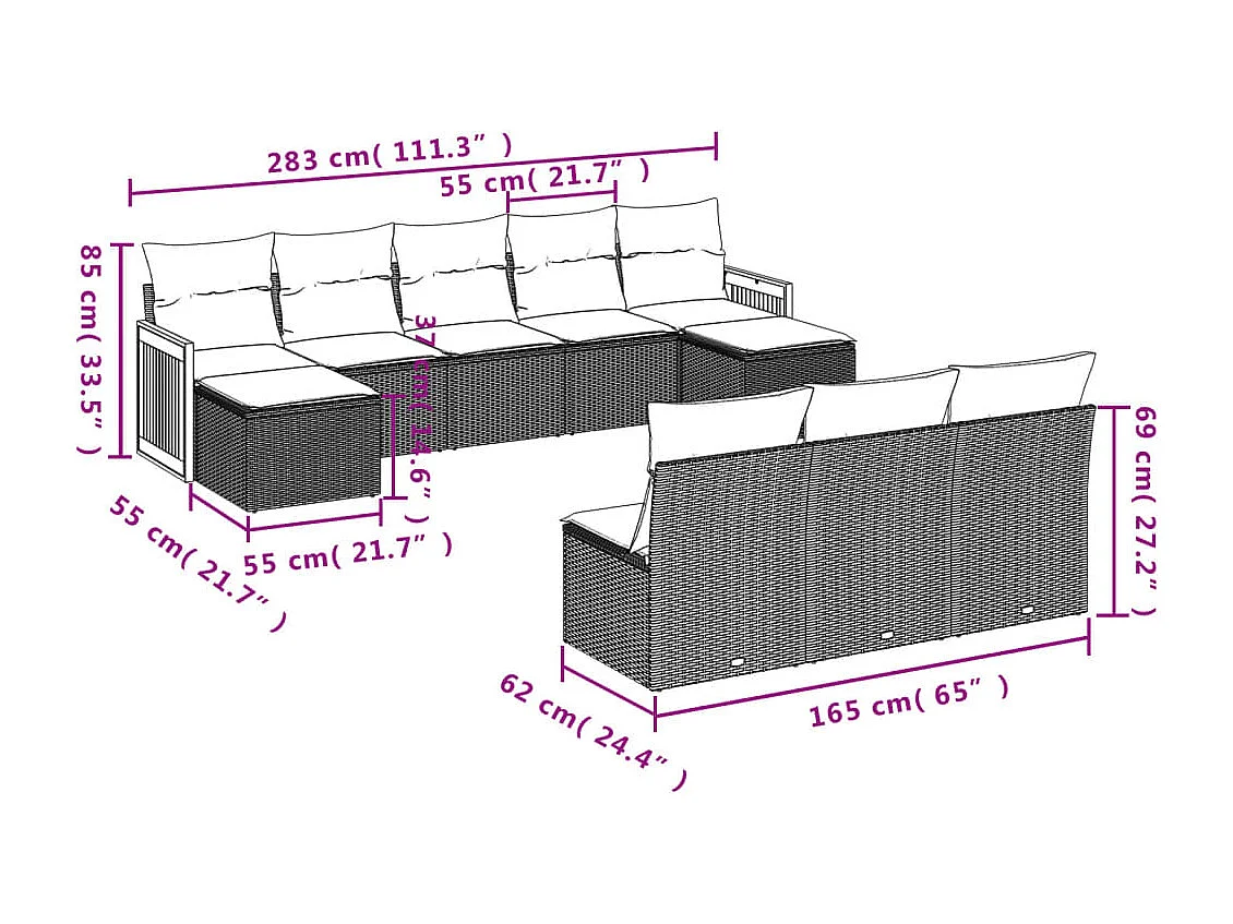 Salon de jardin avec coussins 10 pcs gris résine tressée