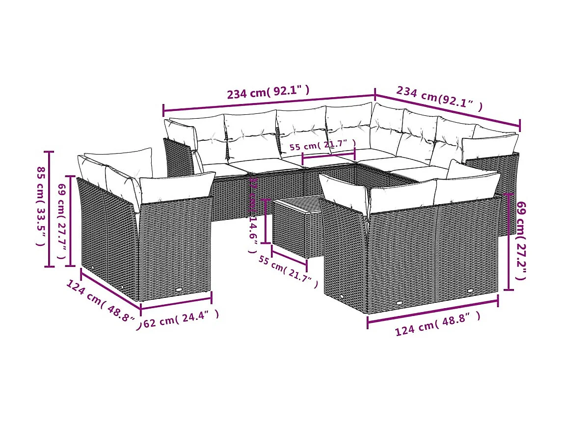 Salon de jardin 12 pcs avec coussins noir résine tressée