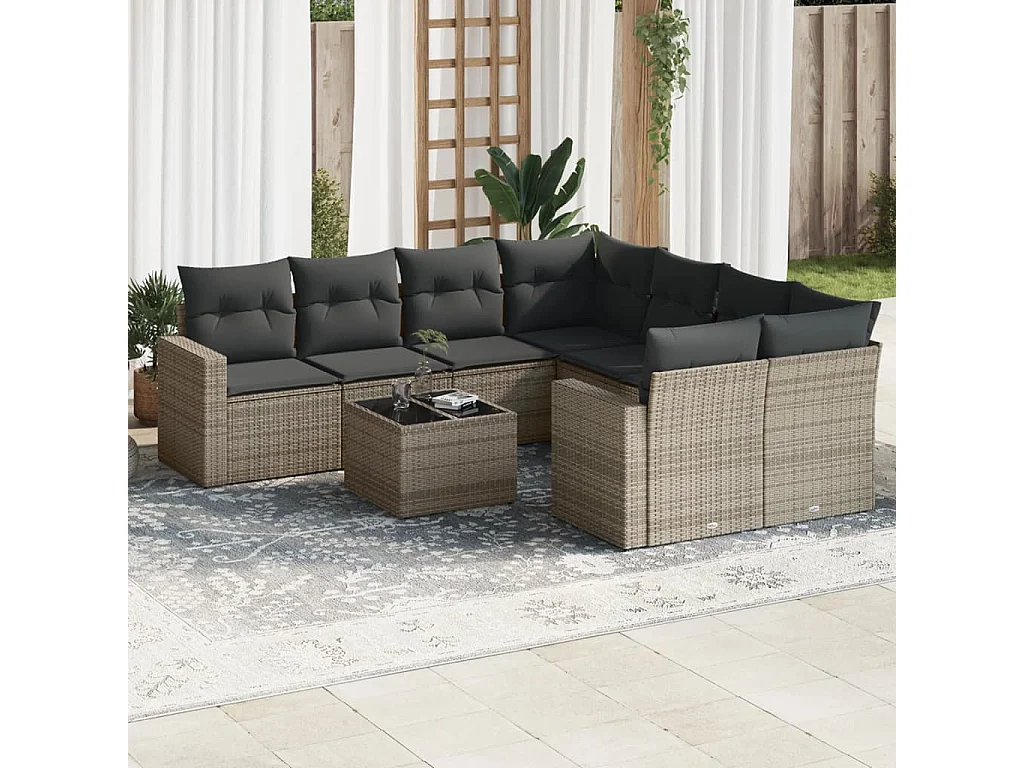 Salon de jardin 9 pcs avec coussins gris résine tressée