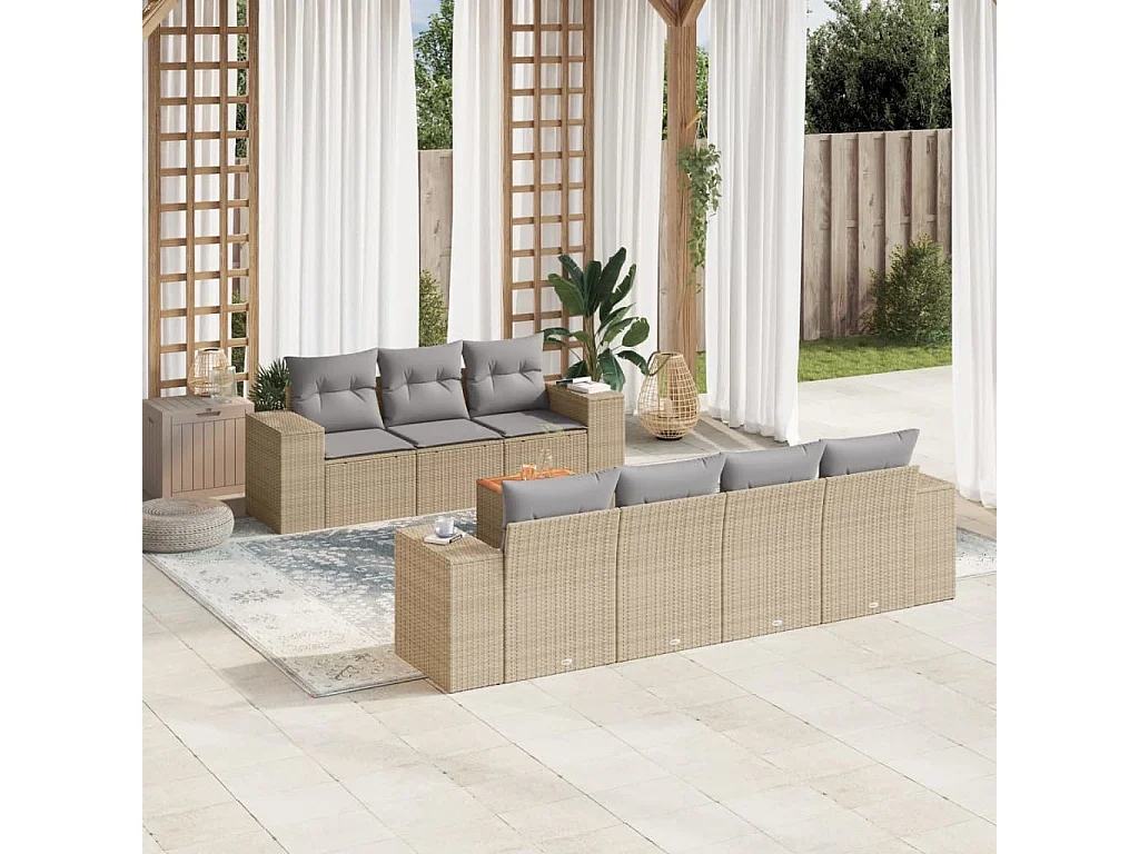 Salon de jardin avec coussins 8 pcs beige résine tressée