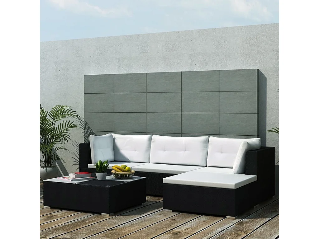 Salon de jardin 5 pcs avec coussins résine tressée noir