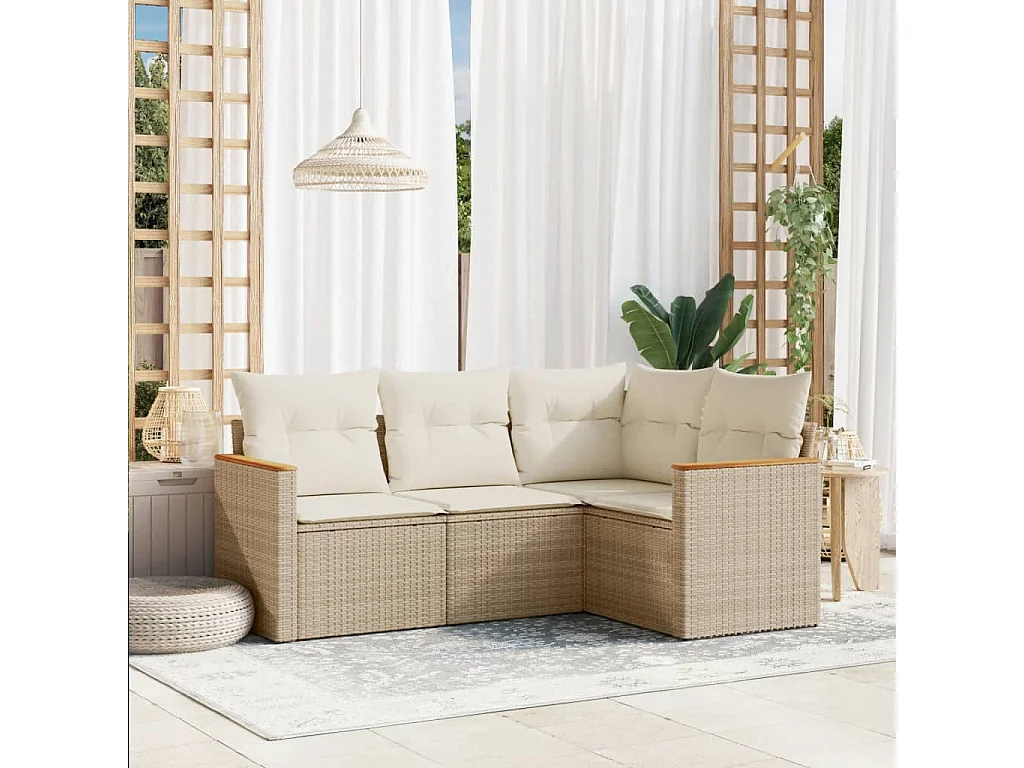 Salon de jardin avec coussins 4 pcs beige résine tressée