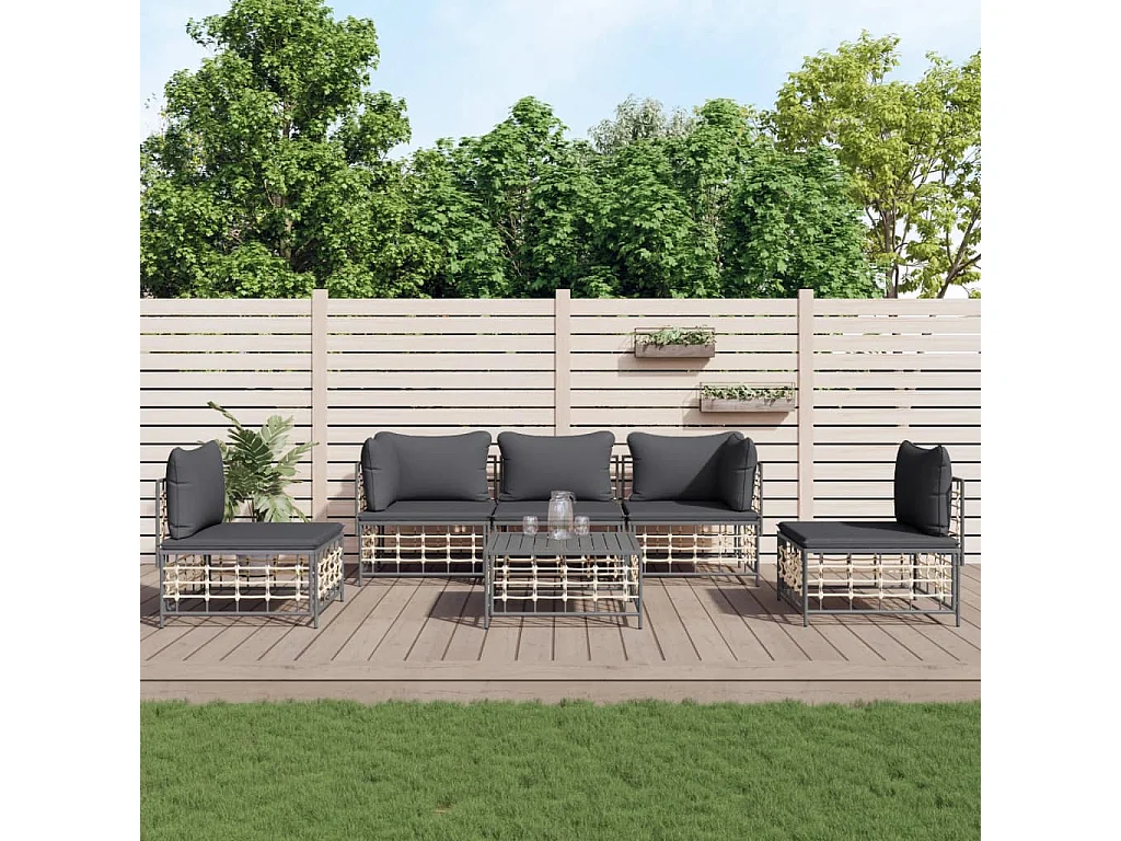 Salon de jardin 6 pcs avec coussins anthracite résine tressée