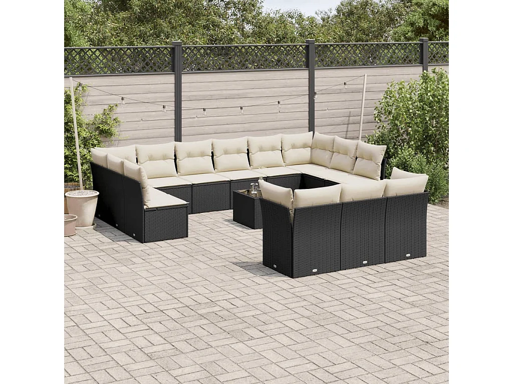 Salon de jardin avec coussins 14 pcs noir résine tressée