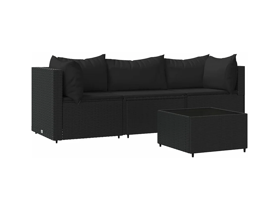 Salon de jardin 4 pcs avec coussins Noir Résine tressée