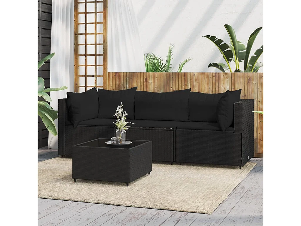 Salon de jardin 4 pcs avec coussins Noir Résine tressée
