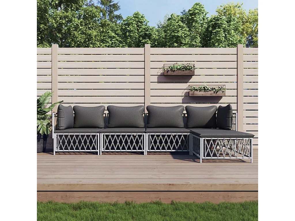 Salon de jardin avec coussins 5 pcs blanc acier