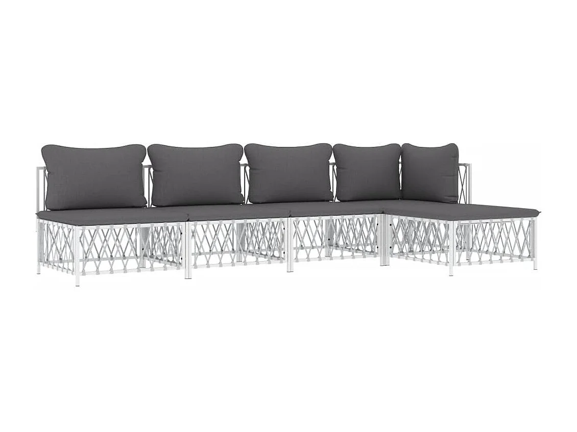 Salon de jardin avec coussins 5 pcs blanc acier
