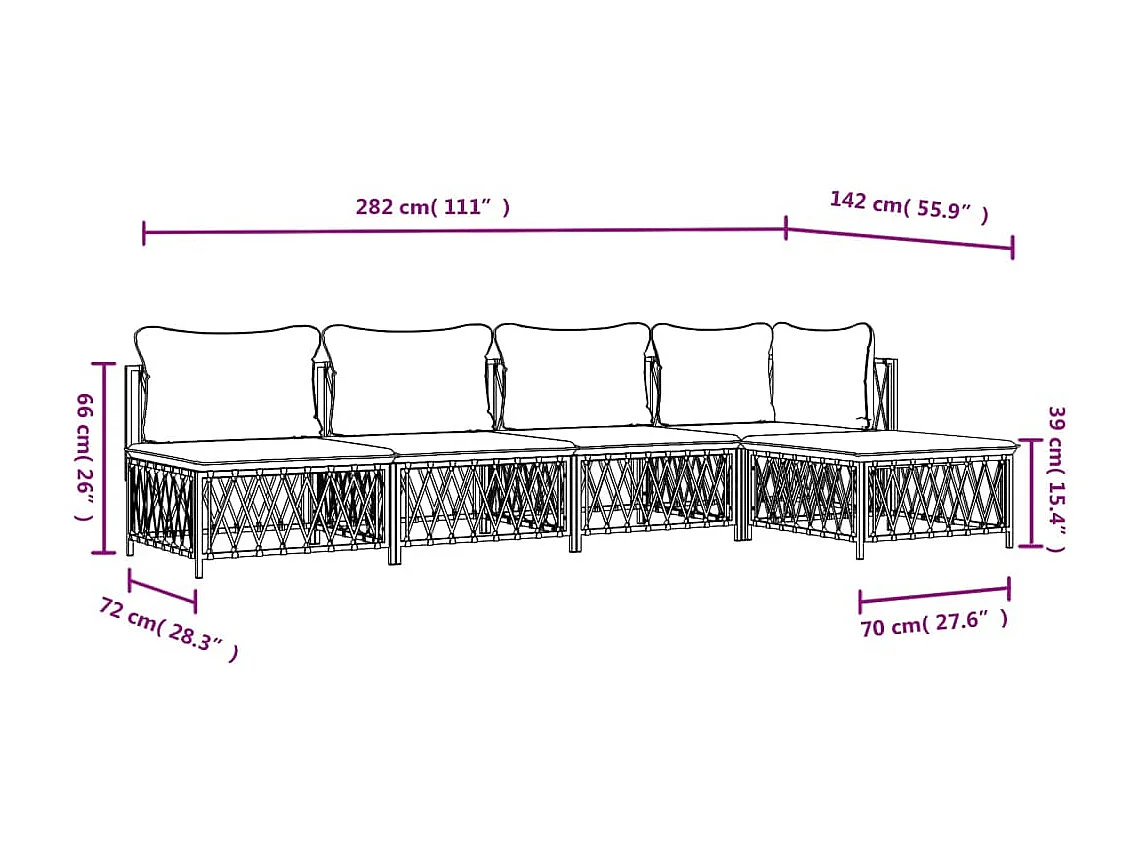 Salon de jardin avec coussins 5 pcs blanc acier