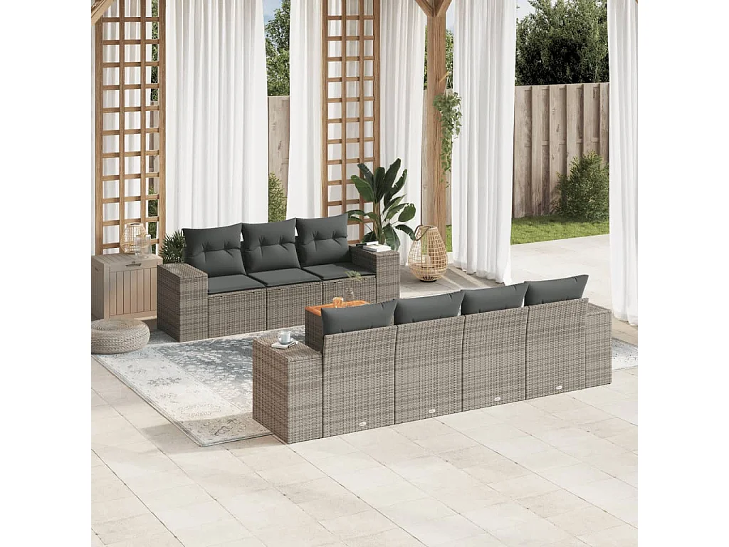 Salon de jardin 8 pcs avec coussins gris résine tressée