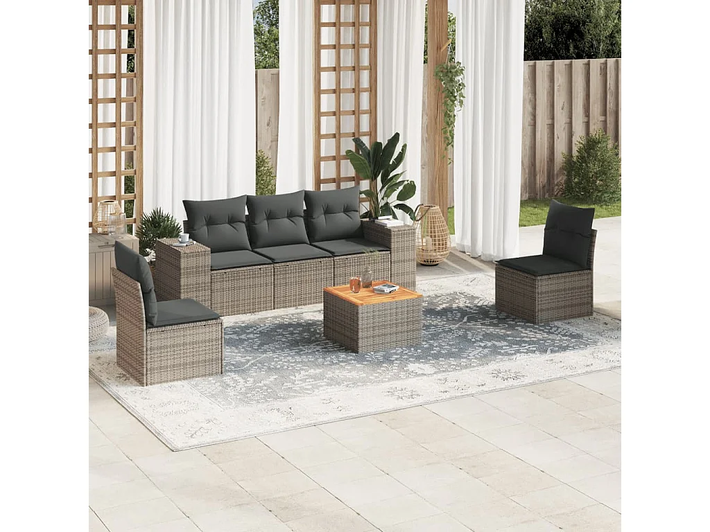 Salon de jardin 6 pcs avec coussins gris résine tressée