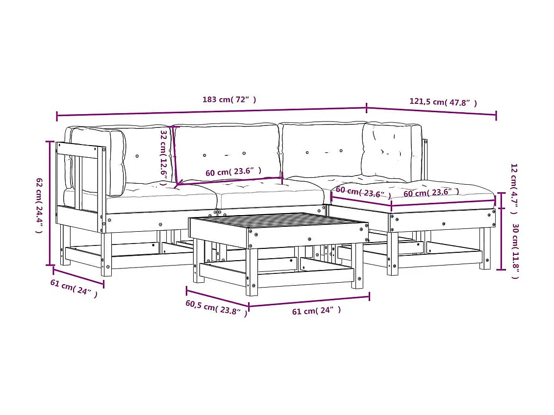 Salon de jardin 5 pcs avec coussins bois massif douglas