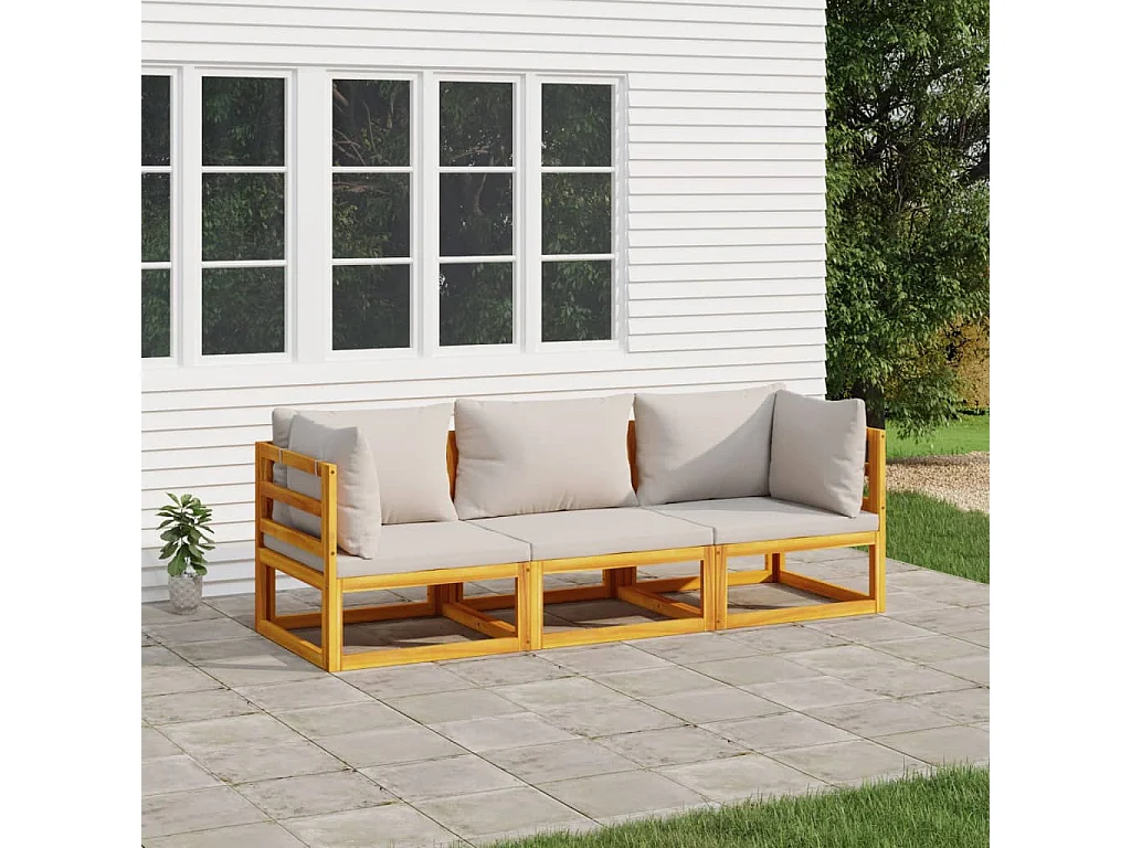 Salon de jardin 3 pcs avec coussins gris clair bois massif