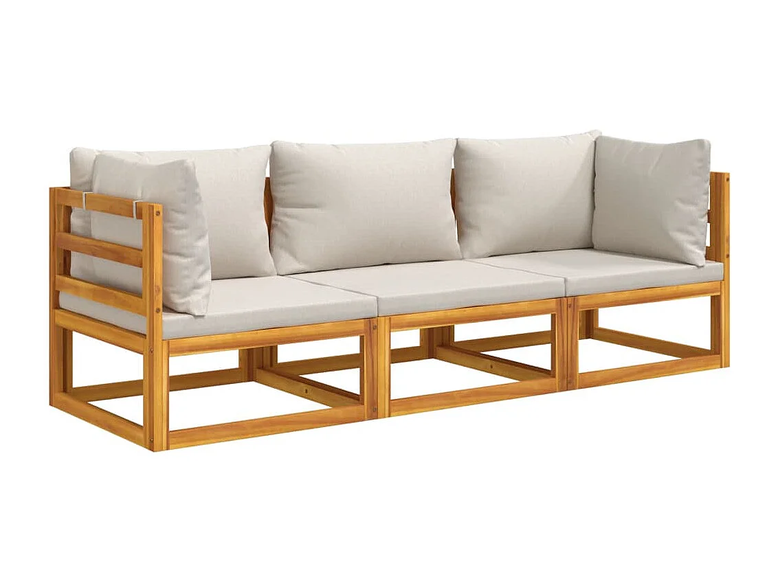 Salon de jardin 3 pcs avec coussins gris clair bois massif