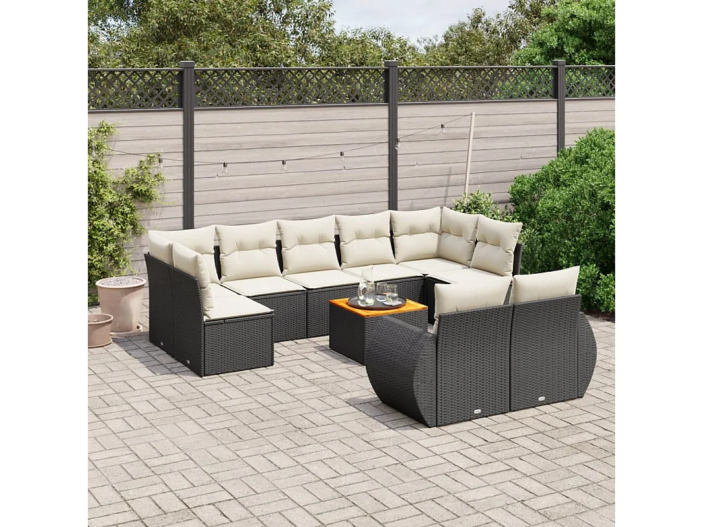 Salon de jardin 10 pcs avec coussins noir résine tressée
