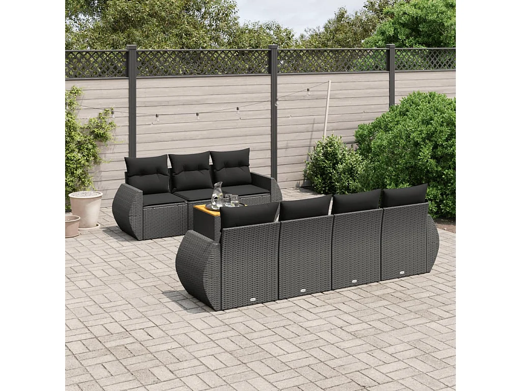Salon de jardin 8 pcs avec coussins noir résine tressée