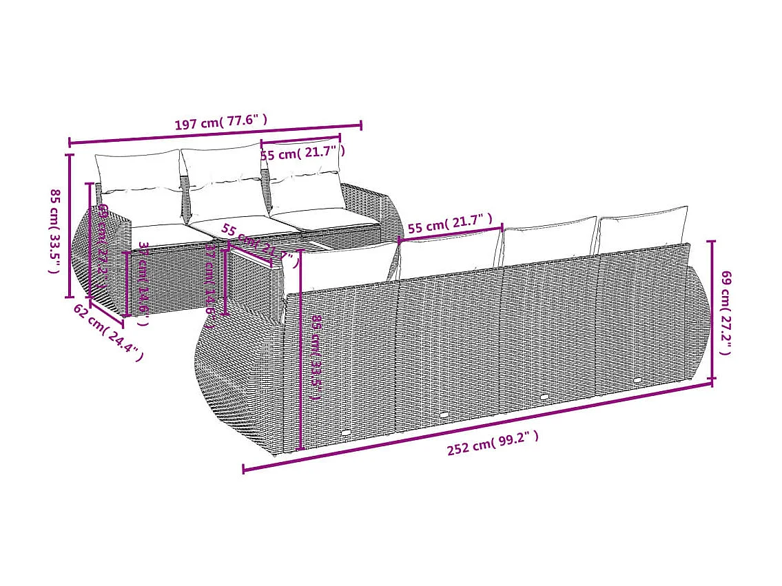 Salon de jardin 8 pcs avec coussins noir résine tressée