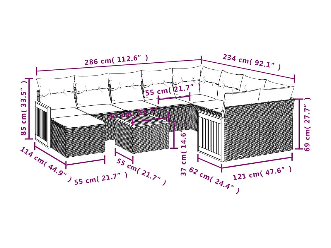 Salon de jardin 11 pcs avec coussins gris résine tressée