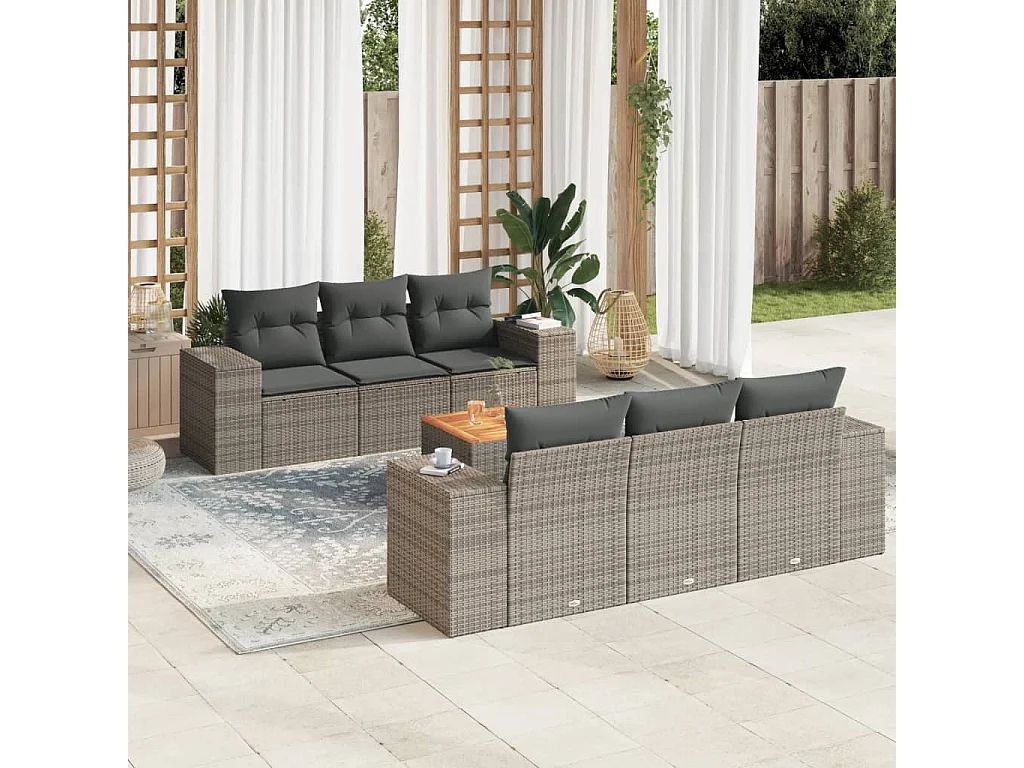 Salon de jardin avec coussins 7 pcs gris résine tressée