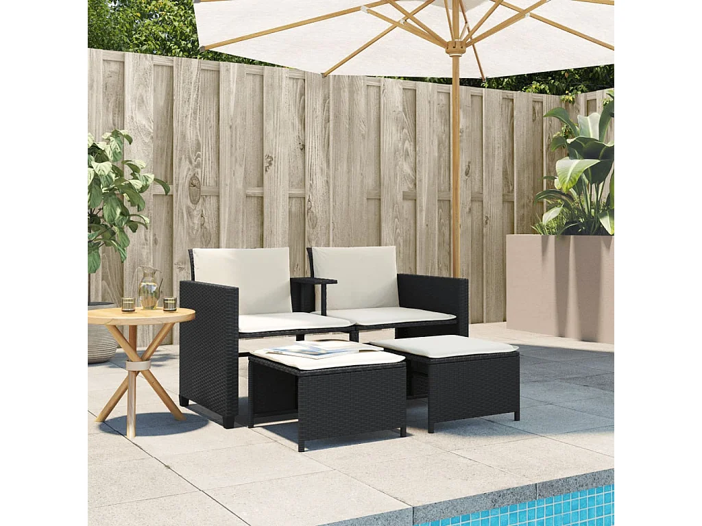 Canapé de jardin 2 places avec table et tabourets noir rotin