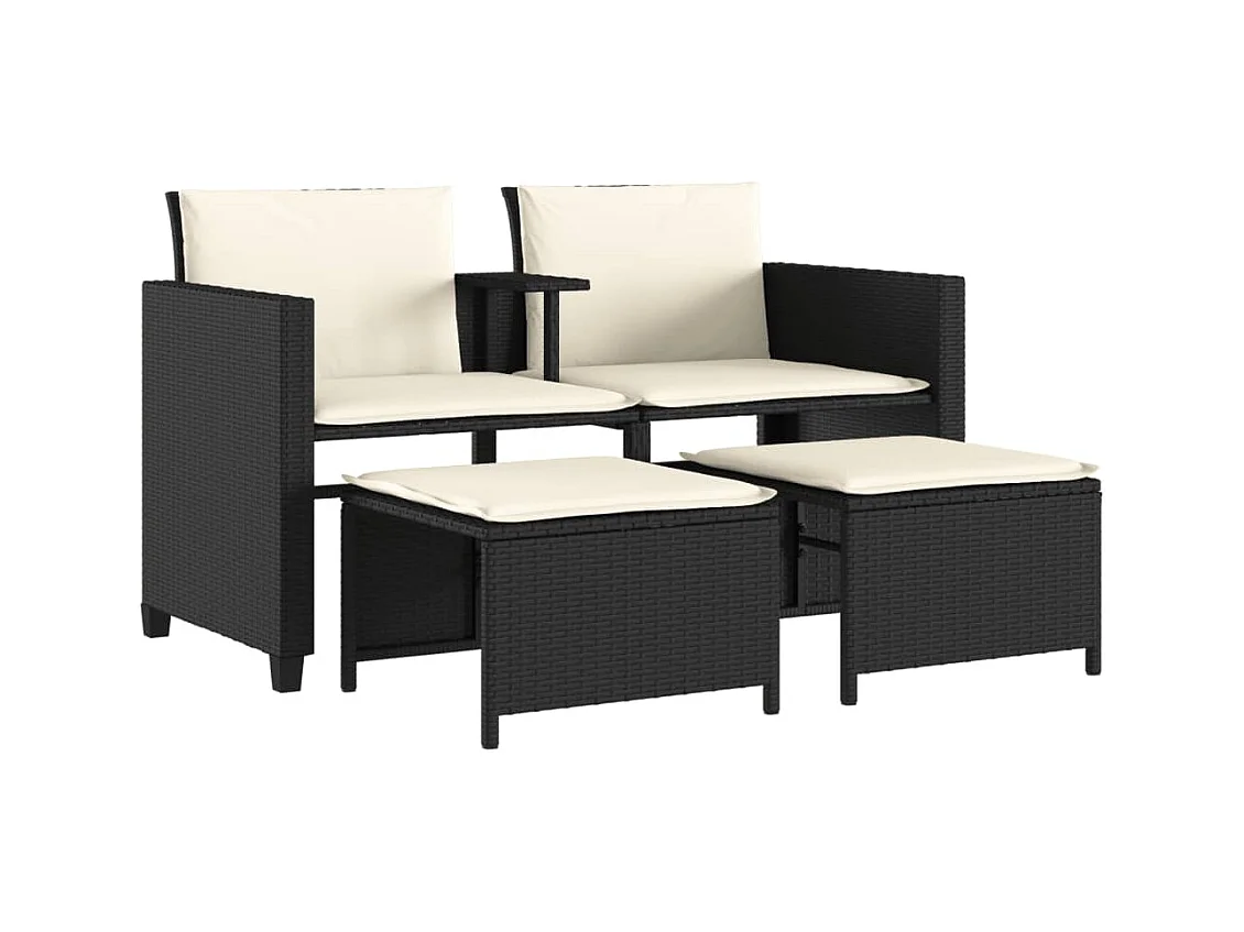 Canapé de jardin 2 places avec table et tabourets noir rotin