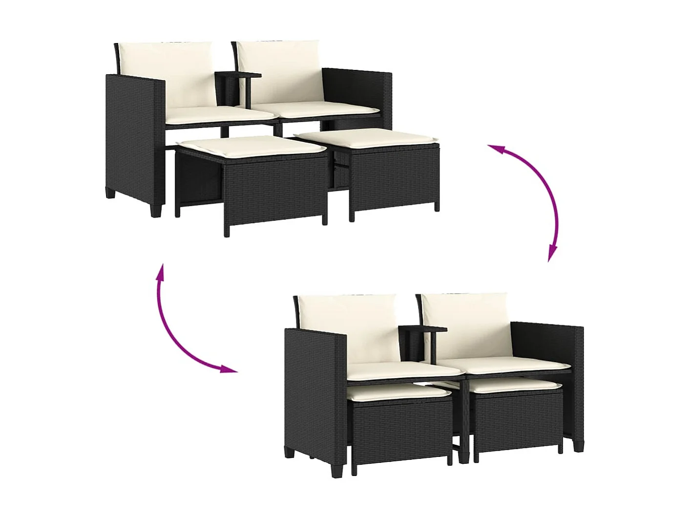 Canapé de jardin 2 places avec table et tabourets noir rotin