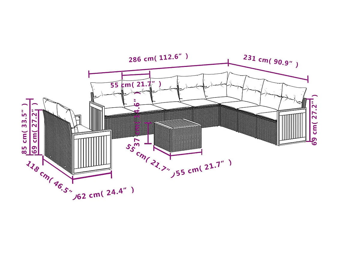 Salon de jardin 11 pcs avec coussins gris résine tressée
