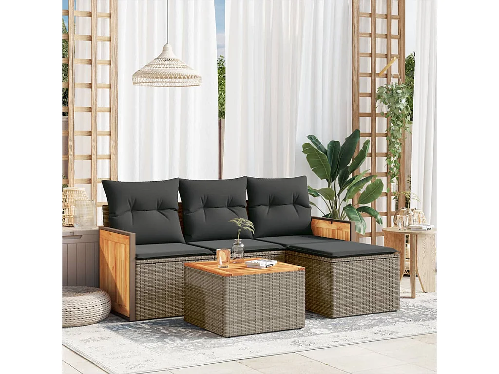 Salon de jardin 5 pcs avec coussins gris résine tressée