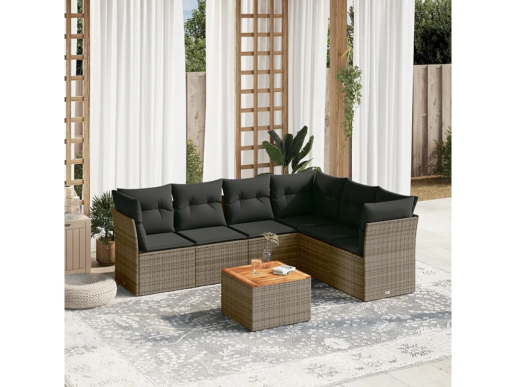 Salon de jardin avec coussins 7 pcs gris résine tressée