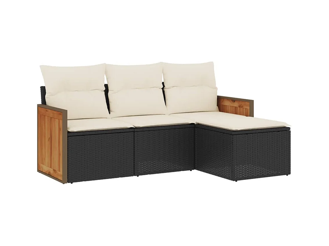 Salon de jardin 4 pcs avec coussins noir résine tressée