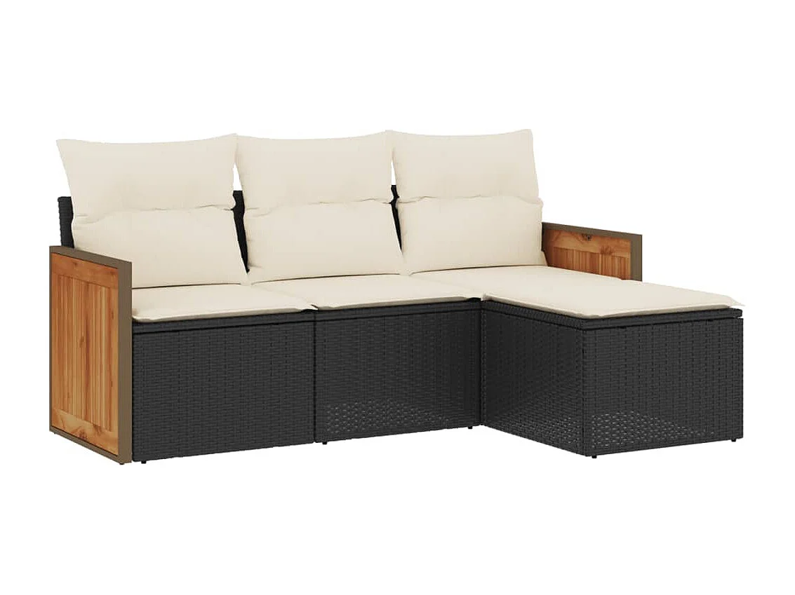 Salon de jardin 4 pcs avec coussins noir résine tressée