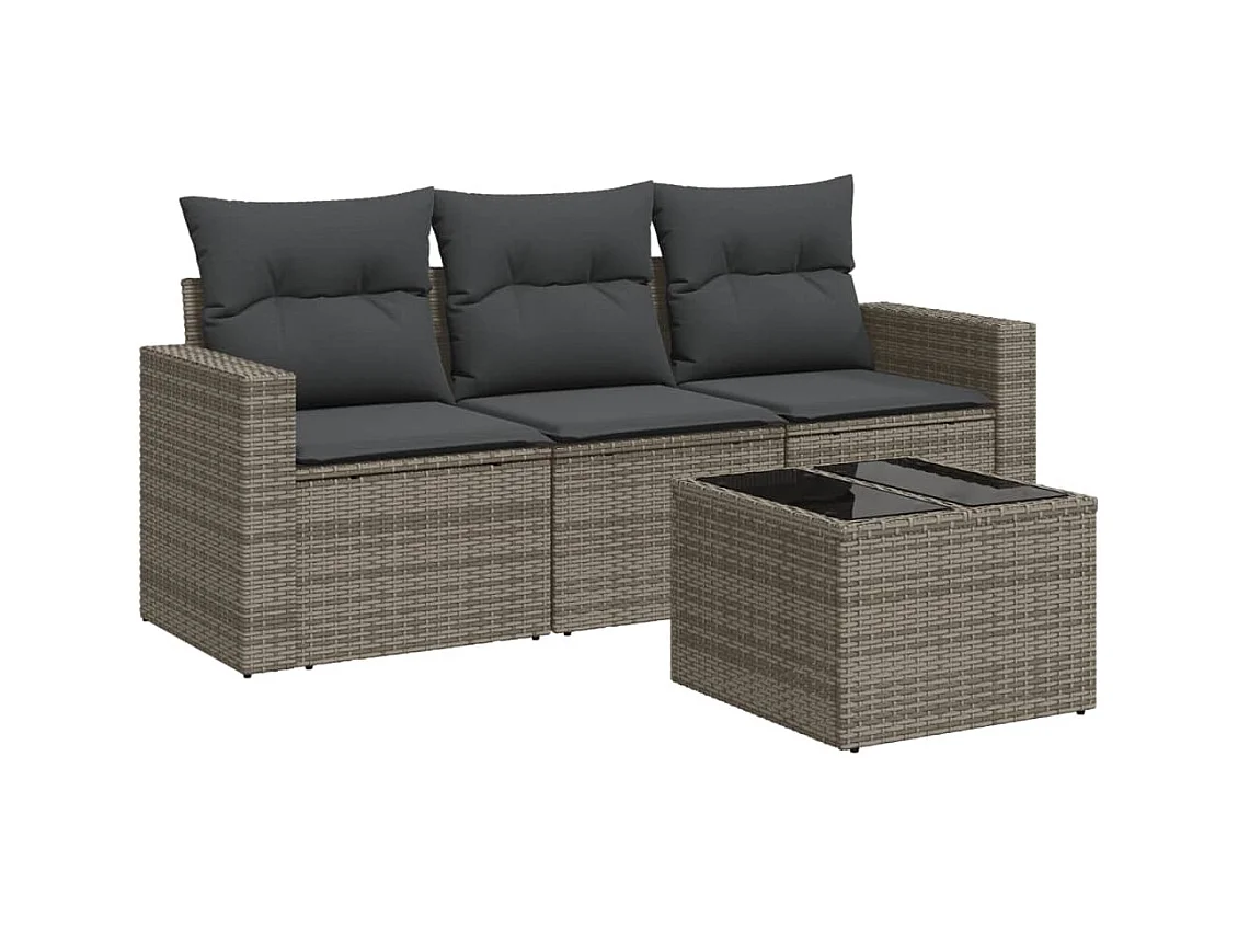 Salon de jardin 4 pcs avec coussins gris résine tressée