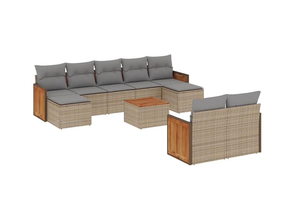 Salon de jardin avec coussins 10 pcs beige résine tressée