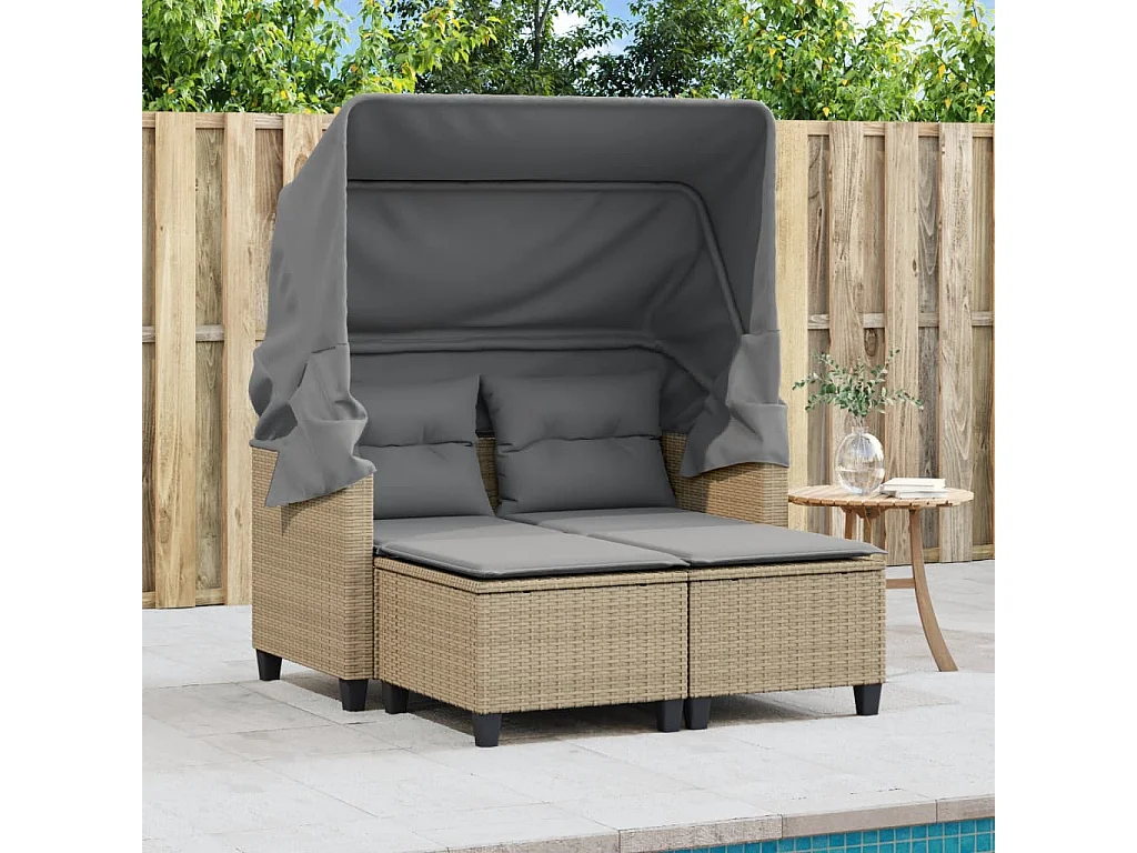 Canapé de jardin 2 places avec auvent et tabourets beige rotin