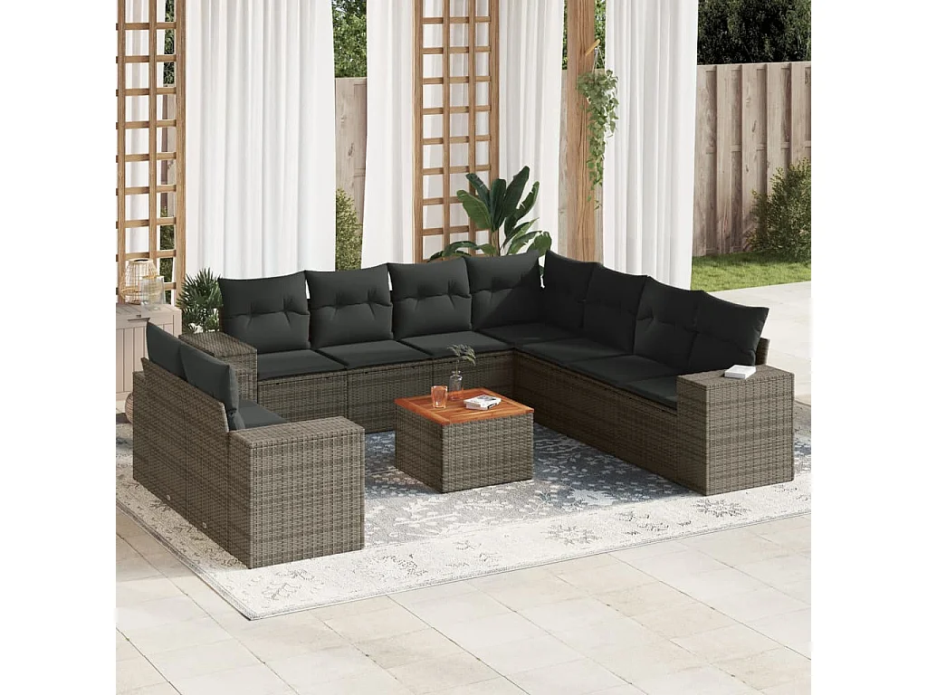 Salon de jardin avec coussins 10 pcs gris résine tressée