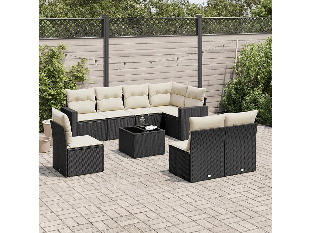 Salon de jardin 9 pcs avec coussins noir résine tressée