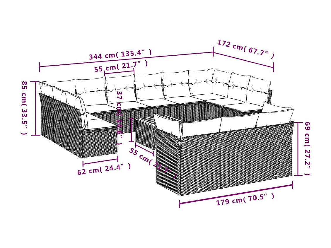 Salon de jardin avec coussins 14 pcs gris résine tressée