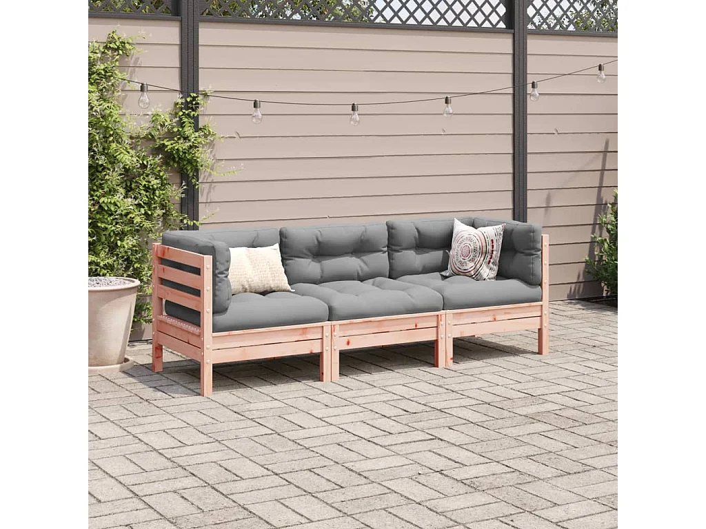 Salon de jardin 3 pcs et coussins bois massif sapin de douglas