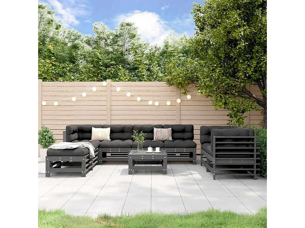 Salon de jardin 9 pcs Gris Bois de pin massif